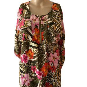 Cathy Tropical Floral Animal Print Size M Linen Blend Tunic Top